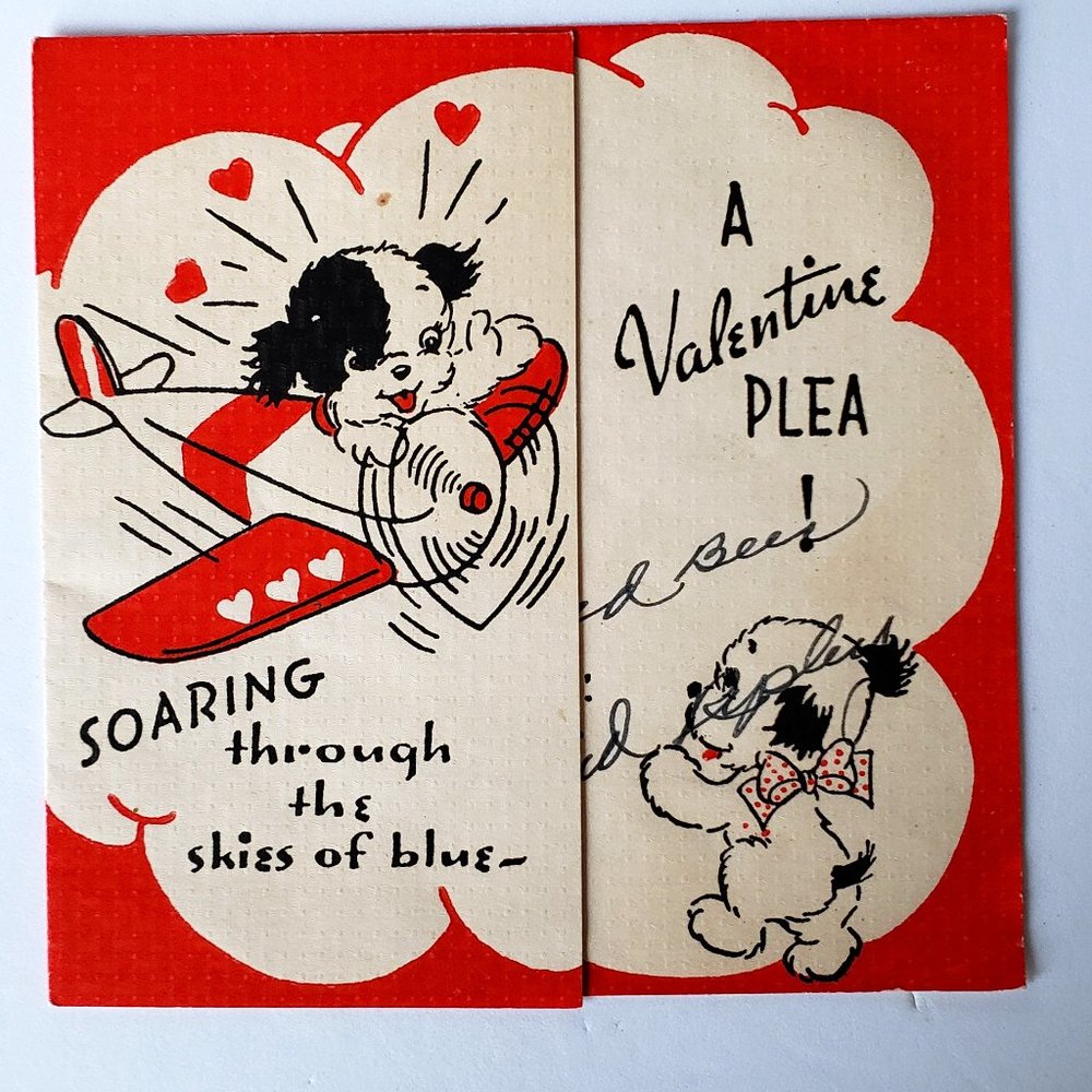 1940s Puppy Dog Flying a Prop Plane A Valentine Plea Valentine's Day Card